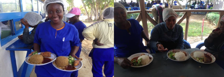 Happy faces of workers served with vegetable salad with rice at lunch.